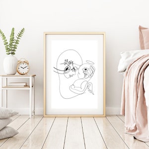 May include: A black and white line drawing of a mother holding a baby. The mother has a flower crown on her head and the baby has a halo. The drawing is on a white background.