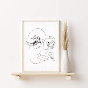 May include: Black and white line art print of a mother and child. The mother is holding the child, who has a halo above their head. Both figures have flowers in their hair.