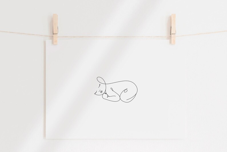 Puede incluir: Un dibujo de l&iacute;nea simple de un gato durmiendo, acurrucado sobre un fondo blanco.
