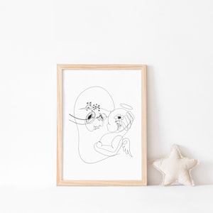 May include: A black and white line drawing of a mother holding a baby. The baby has a halo above its head and both the mother and baby have flowers in their hair.