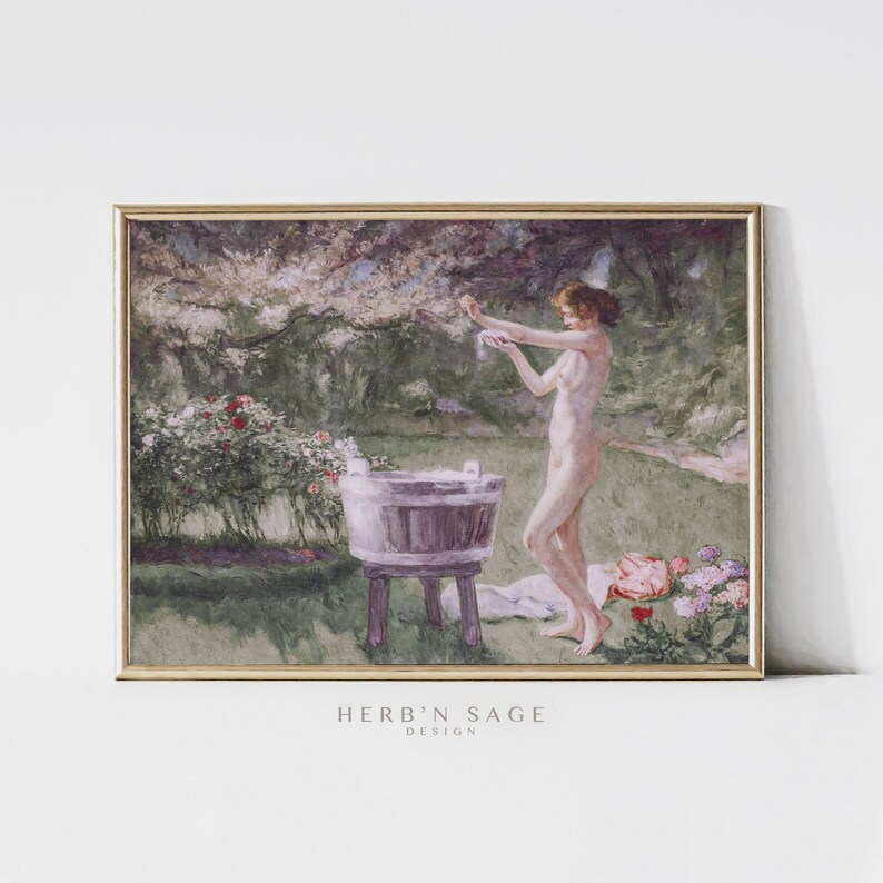 A vintage painting with pinks and green hues of a woman bathing in a meadow.