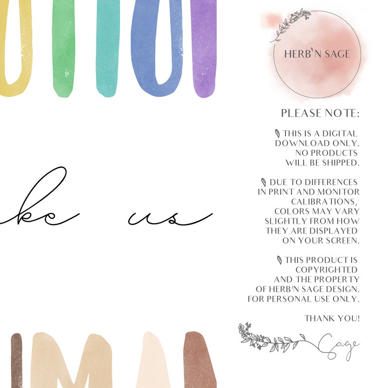 K&ouml;nnte beinhalten: Ein digitaler Download f&uuml;r einen druckbaren Kunstdruck mit einem Regenbogen-Design und dem Text "be us" und "IM" in einem braunen und beigefarbenen Farbschema. Der Text "HERB'N SAGE" befindet sich in einem rosa Kreis mit einem floralen Design. Der Text "PLEASE NOTE:" wird von einer Liste der Bedingungen f&uuml;r den digitalen Download gefolgt.