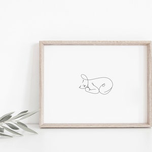 Puede incluir: Un dibujo en blanco y negro de un perro durmiendo en un marco de madera simple.