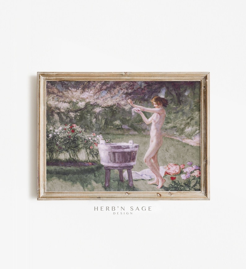 A vintage painting with pinks and green hues of a woman bathing in a meadow.