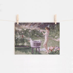 A vintage painting with pinks and green hues of a woman bathing in a meadow.