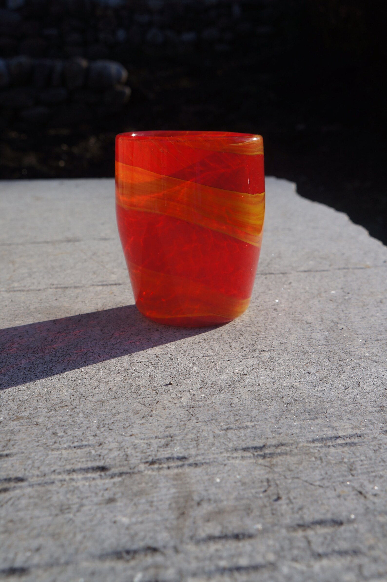 Hand blown red glass cup with a light yellow body wrap Etsy