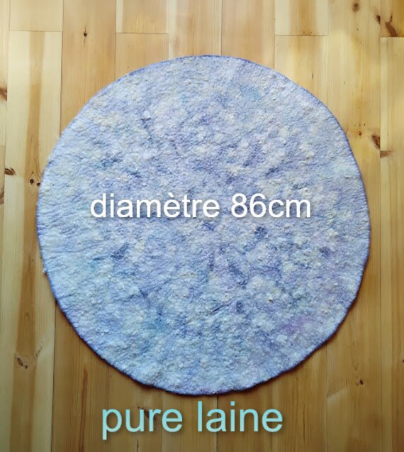 Déco Eco Responsable Tapis Rond en Laine Feutrée, Blanc et Bleu Déco Maison, Décoratif Pure Laine, A