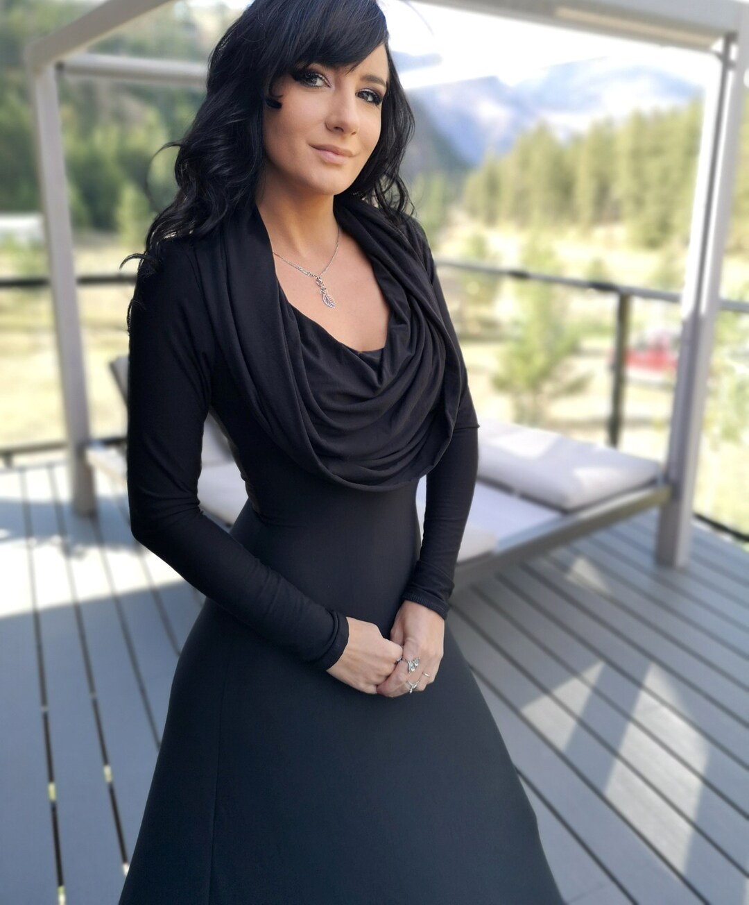 Black Long Sleeve Cowl Neck Hacci Drawstring Dress