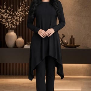Long Sleeve Tunic in Bamboo Spandex, Draped Waist Top