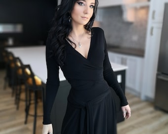 Maxi Black Dress with Long Sleeves and Fitted Wrap Design