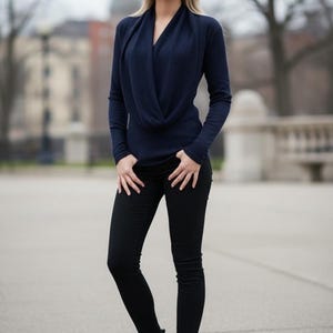 Navy Cowl Sweater with Ribbed Texture and Built-In Insert