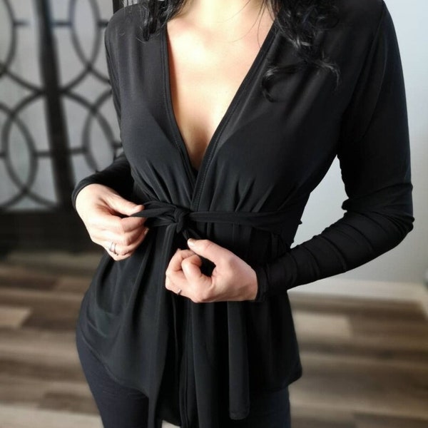 Black cardigan Jacket you can tie in the front or back - It shape through the waistline and falls beautifully from just under the bust.