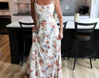 Maxi dress. Ivory floral print floor length dress. Women's maxi dress