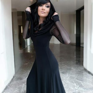 Black maxi dress. Hooded Dress, Cowl Neck Dress, Empire Waist Dress, Mesh Sleeve Dress, Finger Cut Outs, Long Sleeve Dress, A-Line Dress.
