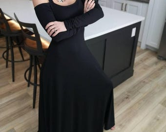 Exposed Shoulder Black Maxi Dress, Long Sleeve Chic Style