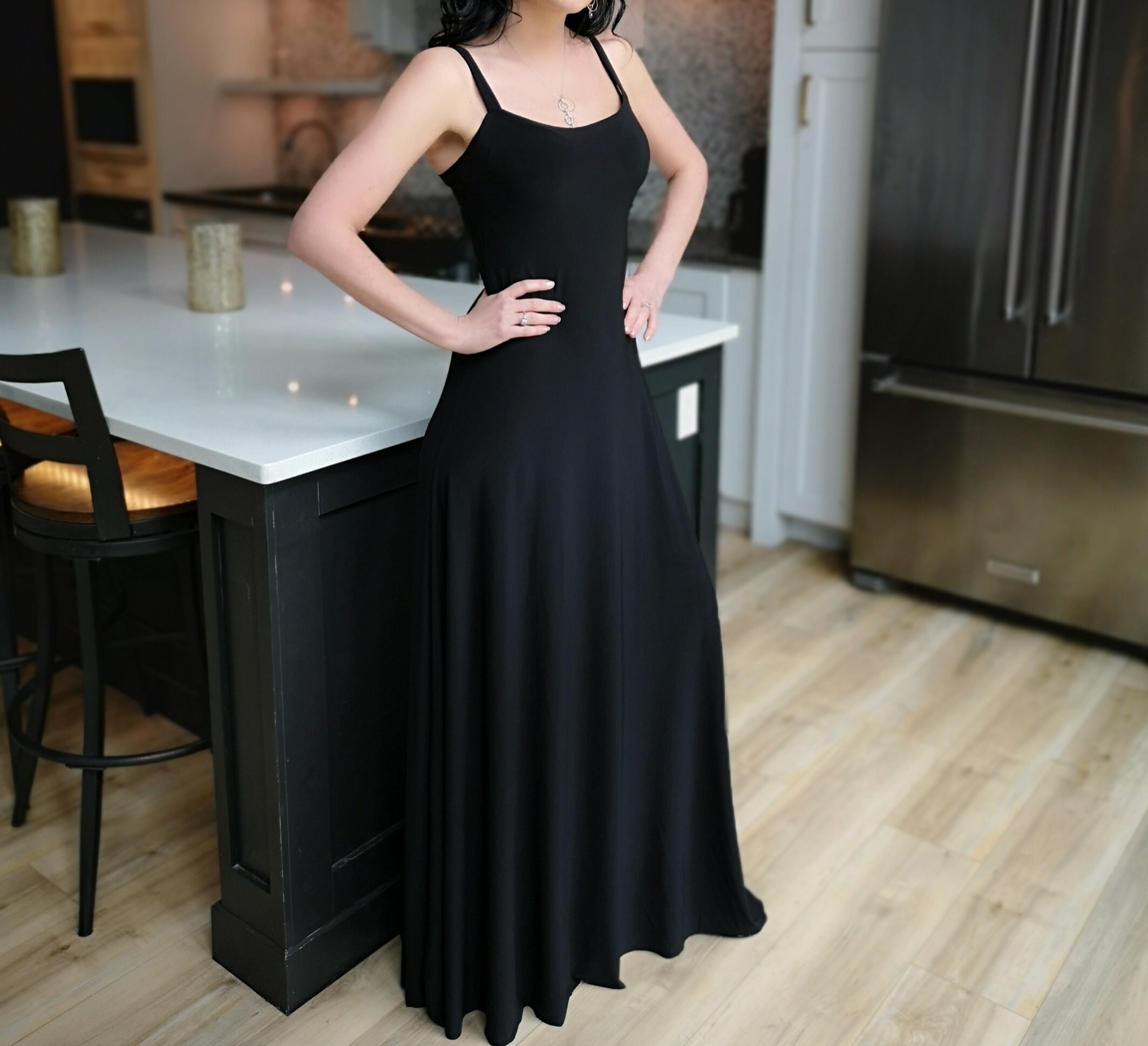 Black Maxi Dress, Skinny Strap Fitted Dress, Poly Spandex Blend
