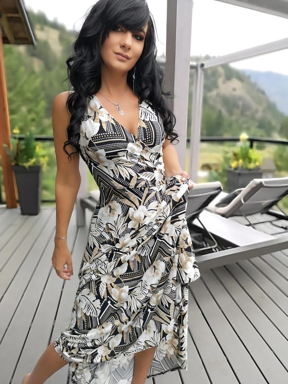 V Neck Maxi Dress in Black Tropical Print With Faux Wrap Design