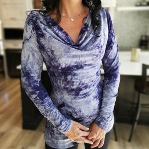 Gorgeous long-sleeve purple tie-dye cowl neck top.