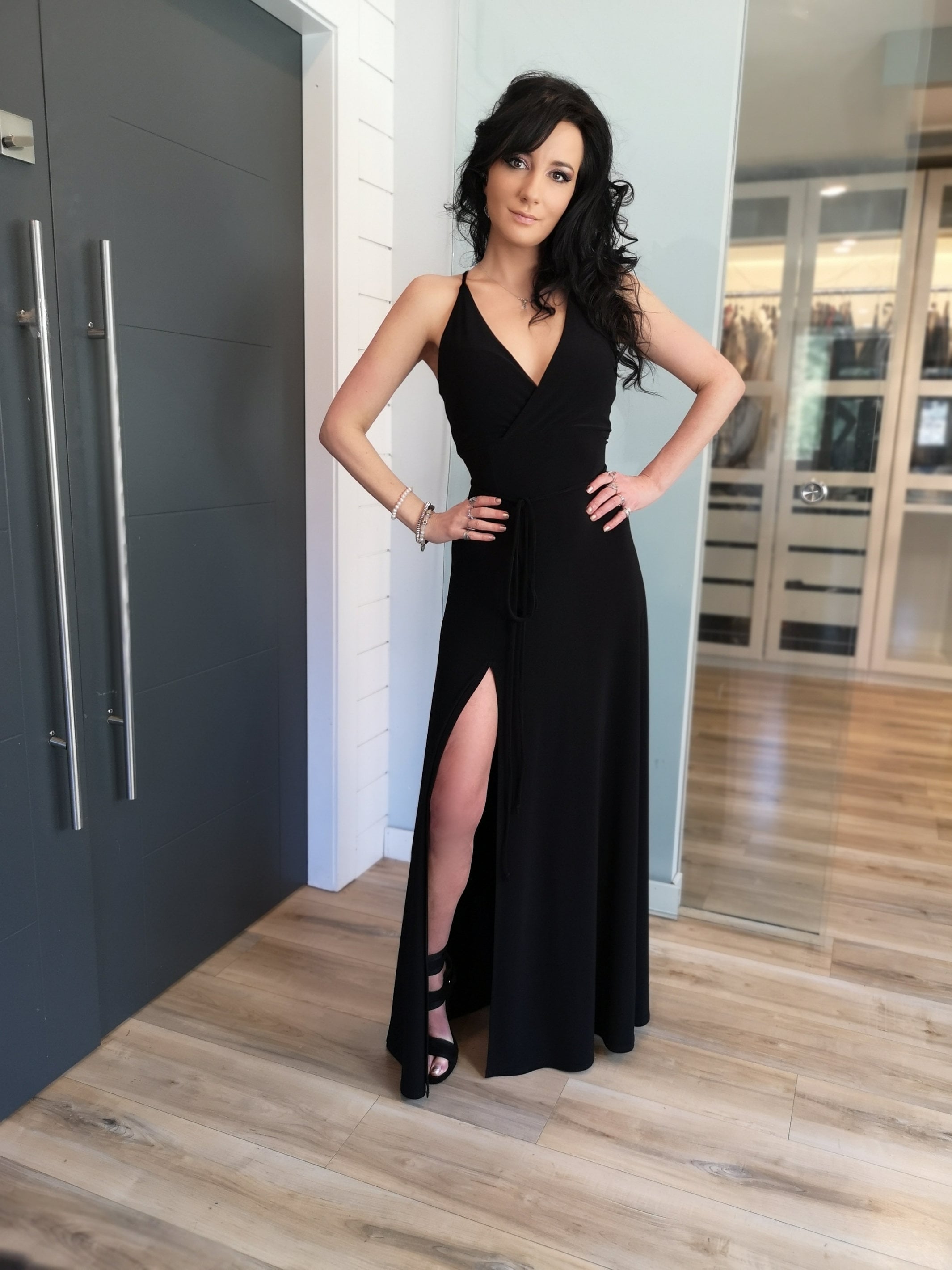 casual long black dress with slit Black Open Back Maxi Dress With Slit