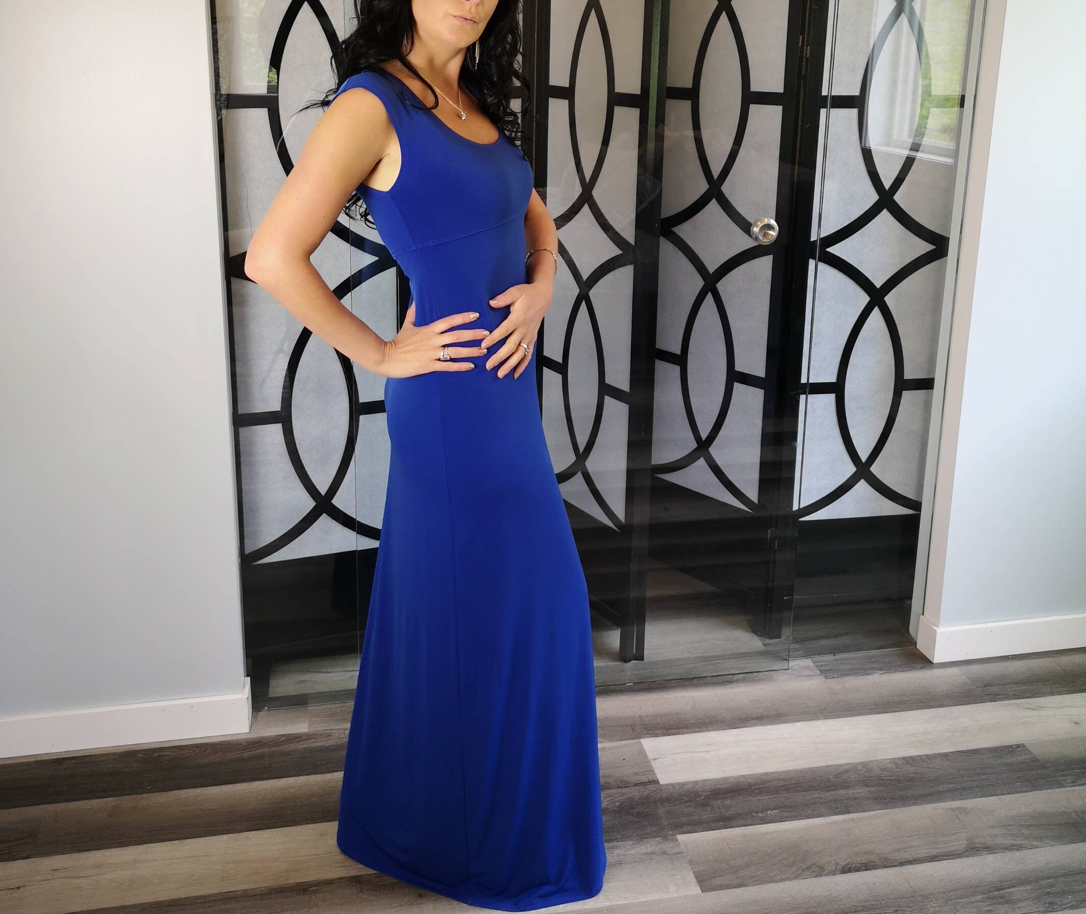 Long Blue Maxi Dress With Cap Sleeves, Empire Waistline That