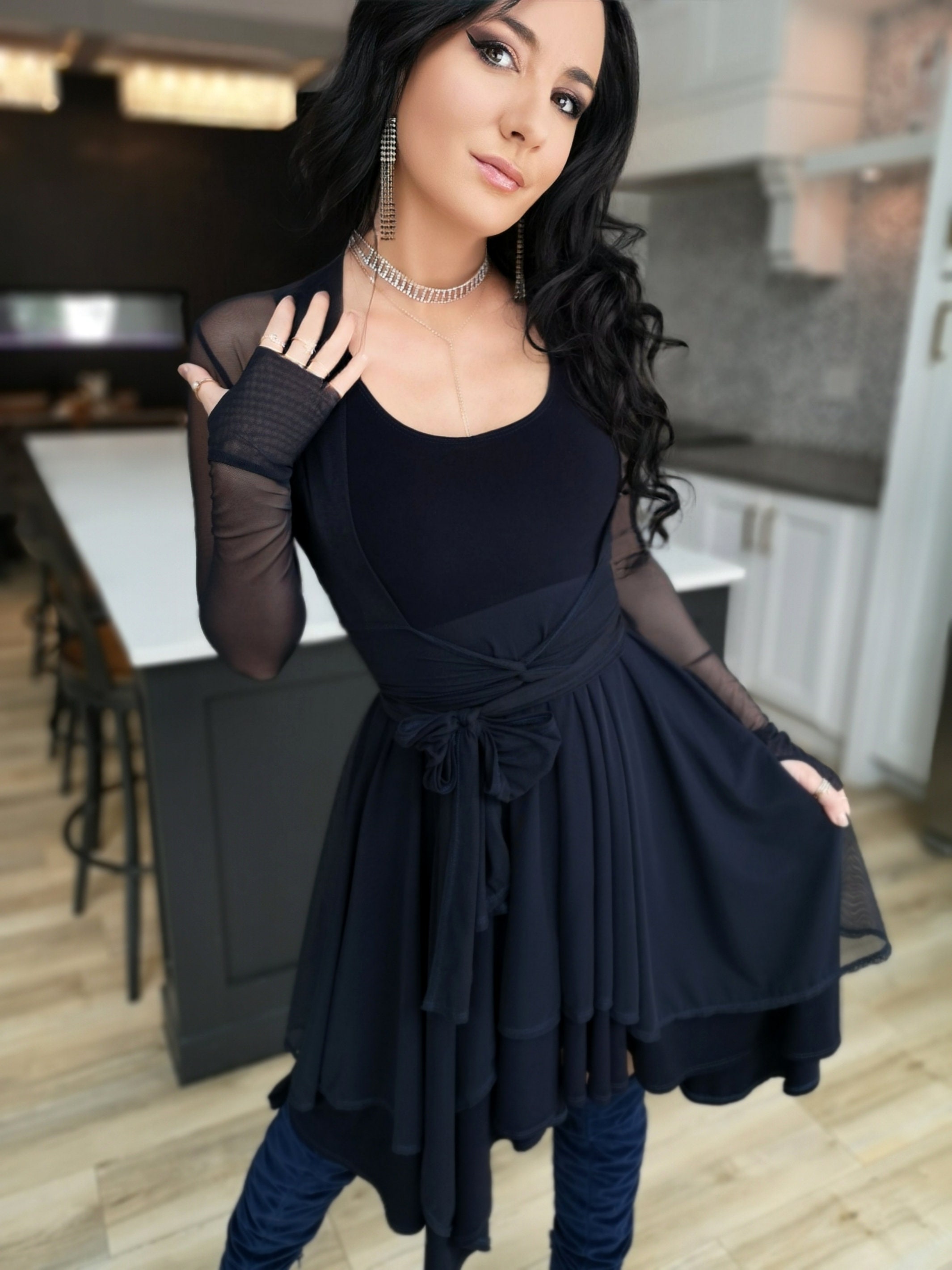 Short Flowy Dress. This Navy Dress Is Classic and Fun with A Double Layer Circle Skirt and Unsymmetrical hemline. Jackets Sold separately.