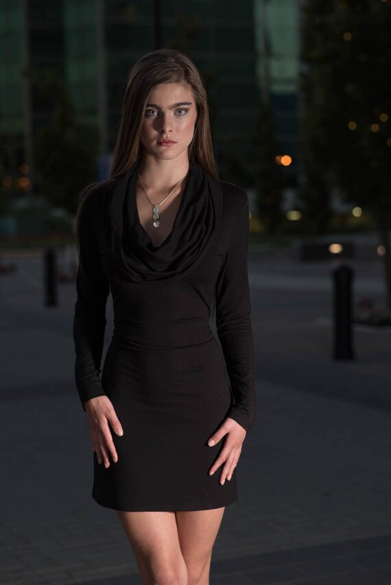 Fitted Black Dress: Long Sleeve Cowl Neck Hoodie, Viscose Spandex
