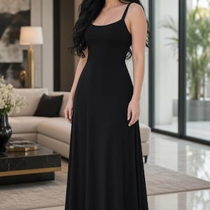 Black Maxi Dress with Skinny Straps, Fitted Poly Spandex Gown