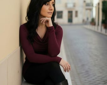 Merlot long-sleeve Cowl Neck Fitted Top.