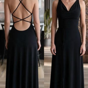 Black Cowl Neck Maxi Dress, Poly Spandex Backless Evening Gown