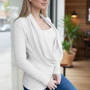 Ivory Cowl Neck Ribbed Sweater with Built-In Insert, Cozy Long Sleeve Top
