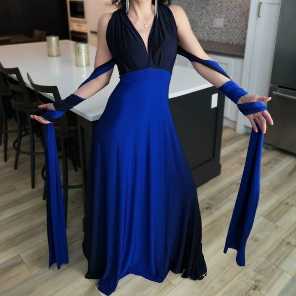 blue chiffon dress Light Long Evening Dress, Blue Beaded Waist Wedding Party Henley Slinky Drape Maxi Size:Xsmall Out of Stock