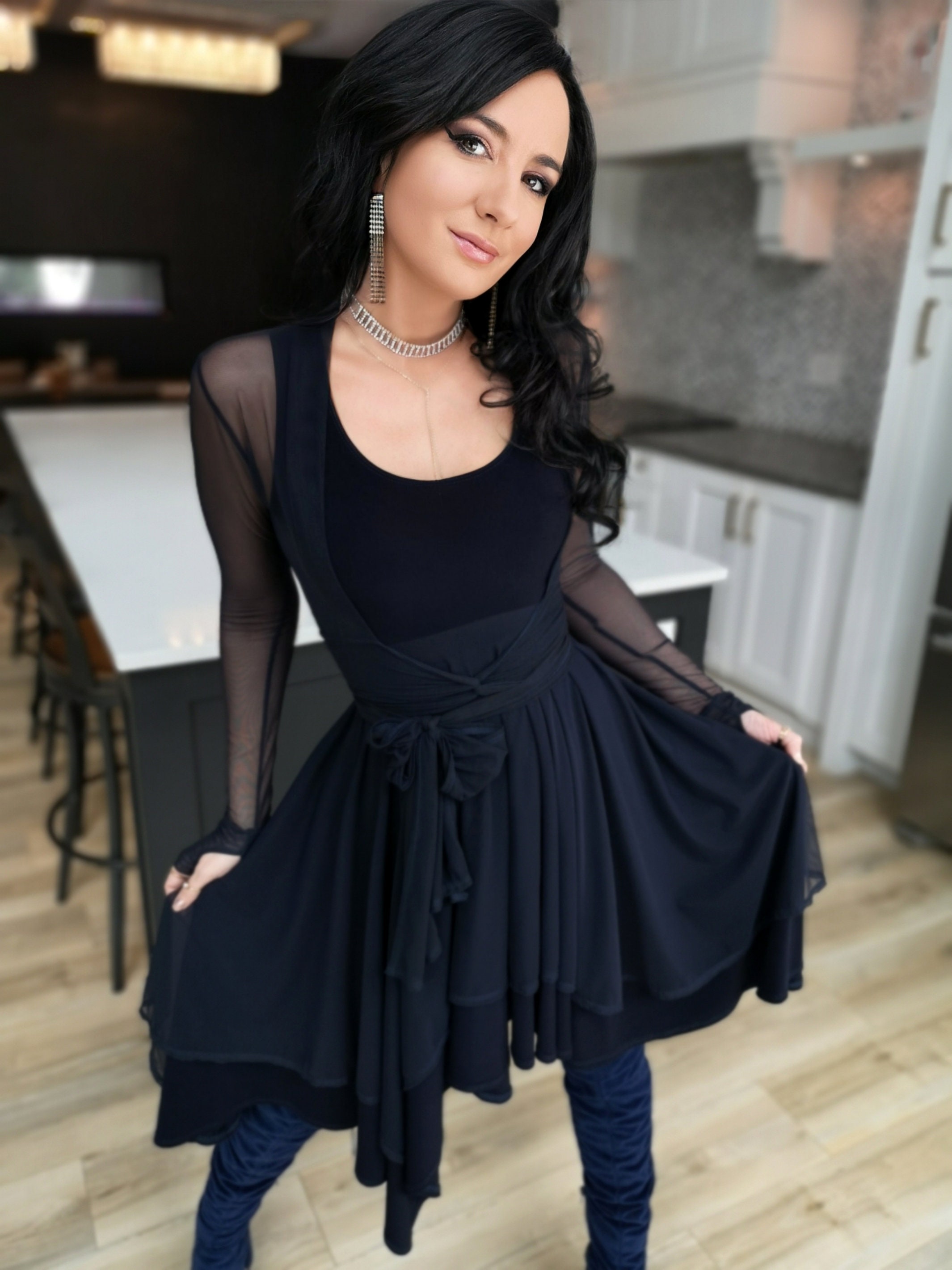 Short Flowy Dress. This Navy Dress Is Classic and Fun with A Double Layer Circle Skirt and Unsymmetrical hemline. Jackets Sold separately.
