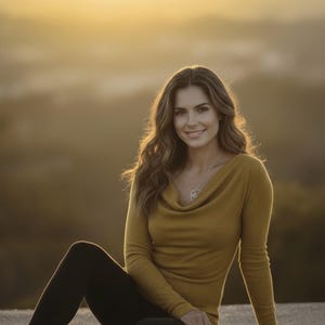 May include: A mustard yellow long-sleeved ribbed jumper with a cowl neckline, paired with black leggings and black ankle boots. A silver pendant necklace with a circular design rests on the chest. The garment features a fitted silhouette.