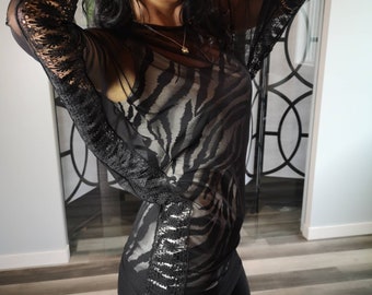 Black Mesh Top with Lace Trim, Asymmetrical Drape Design