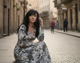 Maxi Dress with Long Sleeves and Cowl Neck in Black and Cream Print