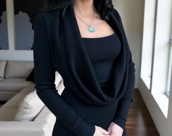 Black Ribbed Cowl Neck Top, Long Sleeve Viscose Blend