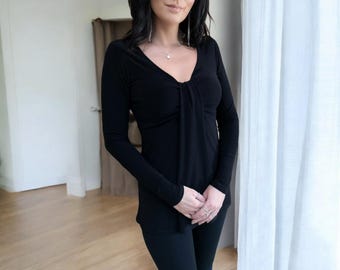 Black Long Sleeve Draped Bust Top, Fitted Blouse for Women