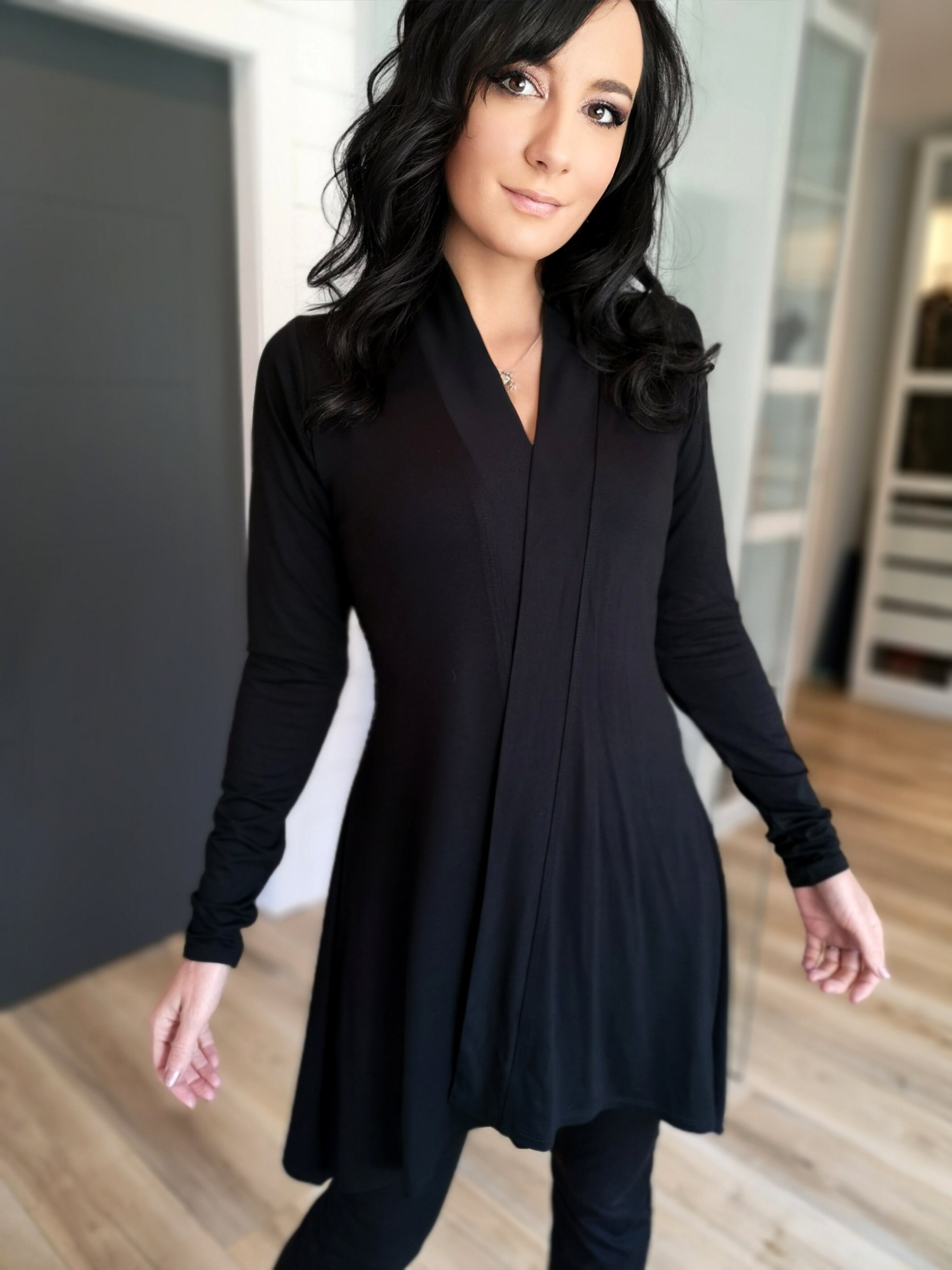 トップス LGB black longsleeve cardigan Long Black Cardigan, Lightweight Rayon Spandex Blend With Draped