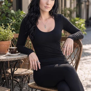 Black Fitted Top, Long Sleeve Rayon Polyester Tunic with Low Neckline