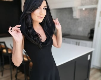 Black Hooded Sleeveless Maxi Dress, Cowl Neck Tank Dress