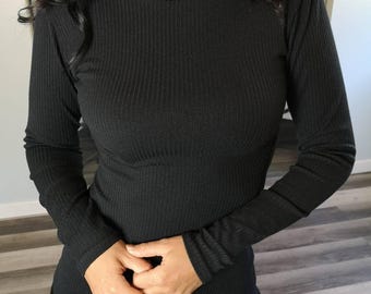 Fitted Black Turtleneck Top, Ribbed Long Sleeve in Viscose Spandex