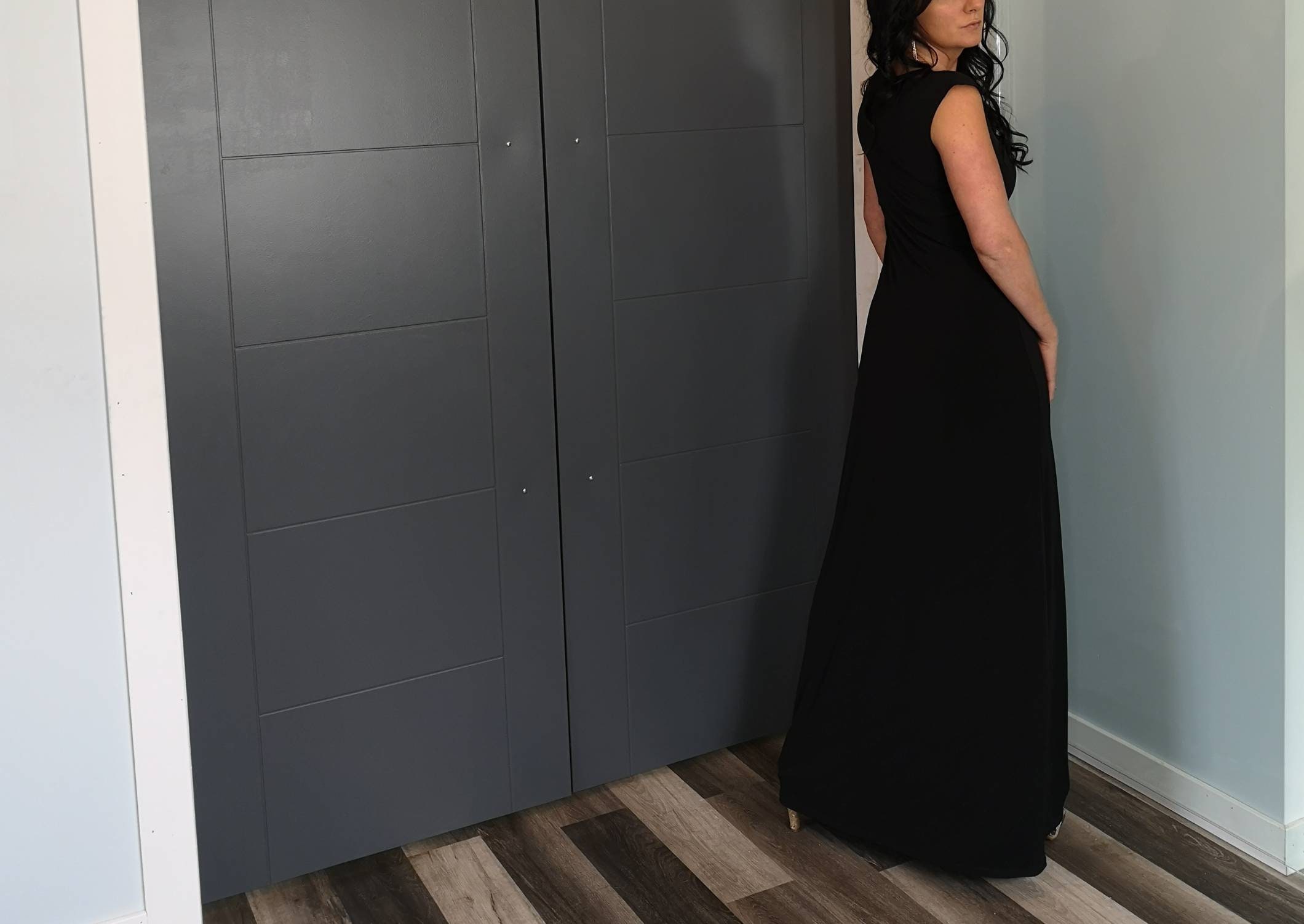 Black Maxi Dress with Cap Sleeves, Fitted Long Dress