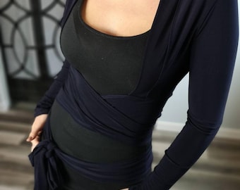 Navy Wrap Jacket, Fitted Crop in Poly Spandex