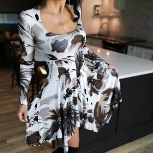 fall black tie optional wedding guest dresses Taupe Fall in Love Faux Wrap Dress X-Small / Taupe with Black and White Floral Print main image 0