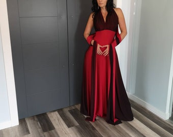 Vibrant red ombre Maxi wrap dress. This dress ties several different ways. Unique and rich colours with side ombre instead of up and down.