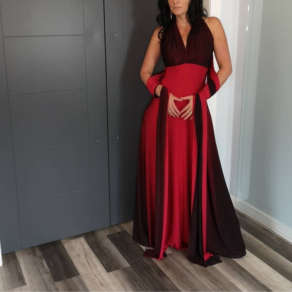 Vibrant red ombre Maxi wrap dress. This dress ties several different ways. Unique and rich colours with side ombre instead of up and down.