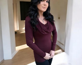 Cowl Neck Top in Merlot Bamboo Spandex, Fitted Long Sleeve Tunic