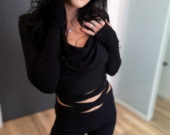 Hooded Crop Top, Black Bamboo Cowl Neck Fitted Top