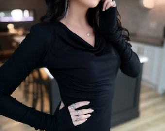 Black long sleeve bamboo cowl neck top with finger cutouts.