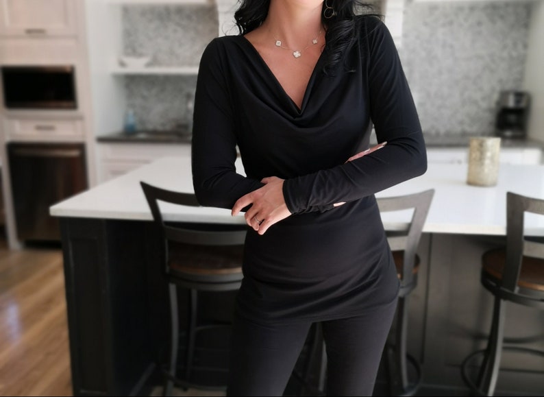 Long sleeve black cowl neck top. Fitted long sleeve top with draping in the bust. Comfortable and lightweight. image 3